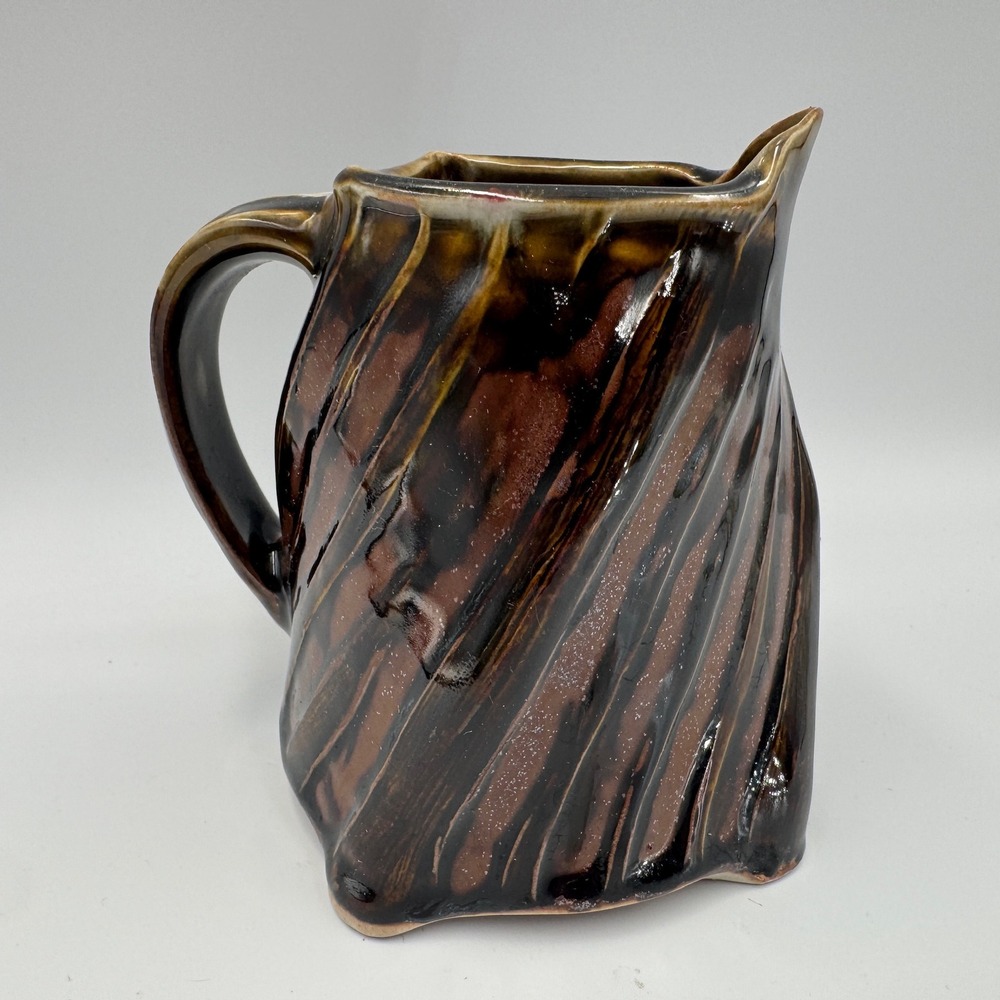 Studio Pottery Spiral Ribbed Pitcher Brown Tan Glossy Glaze Oxblood Red Interior
